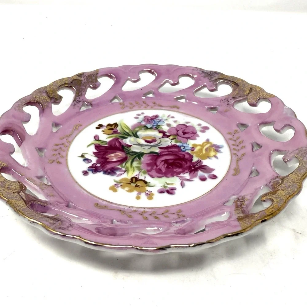 Vintage Del‎ Coronado Nasco Tea Cup Saucer Roses Reticulated Pierced Rim Gold